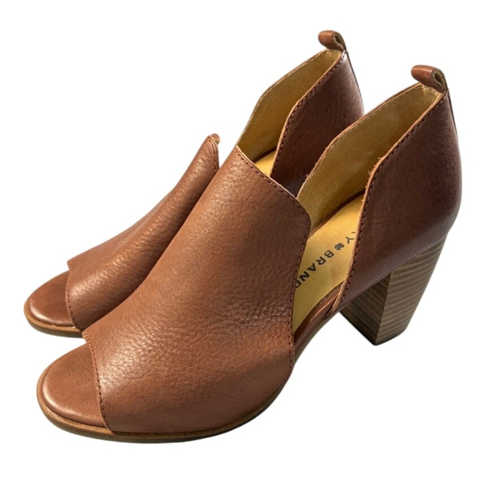 Lucky Brand Junai Brown Leather Peep Toe Cutout 3" Block Heel Booties Size 7M - Picture 2 of 16